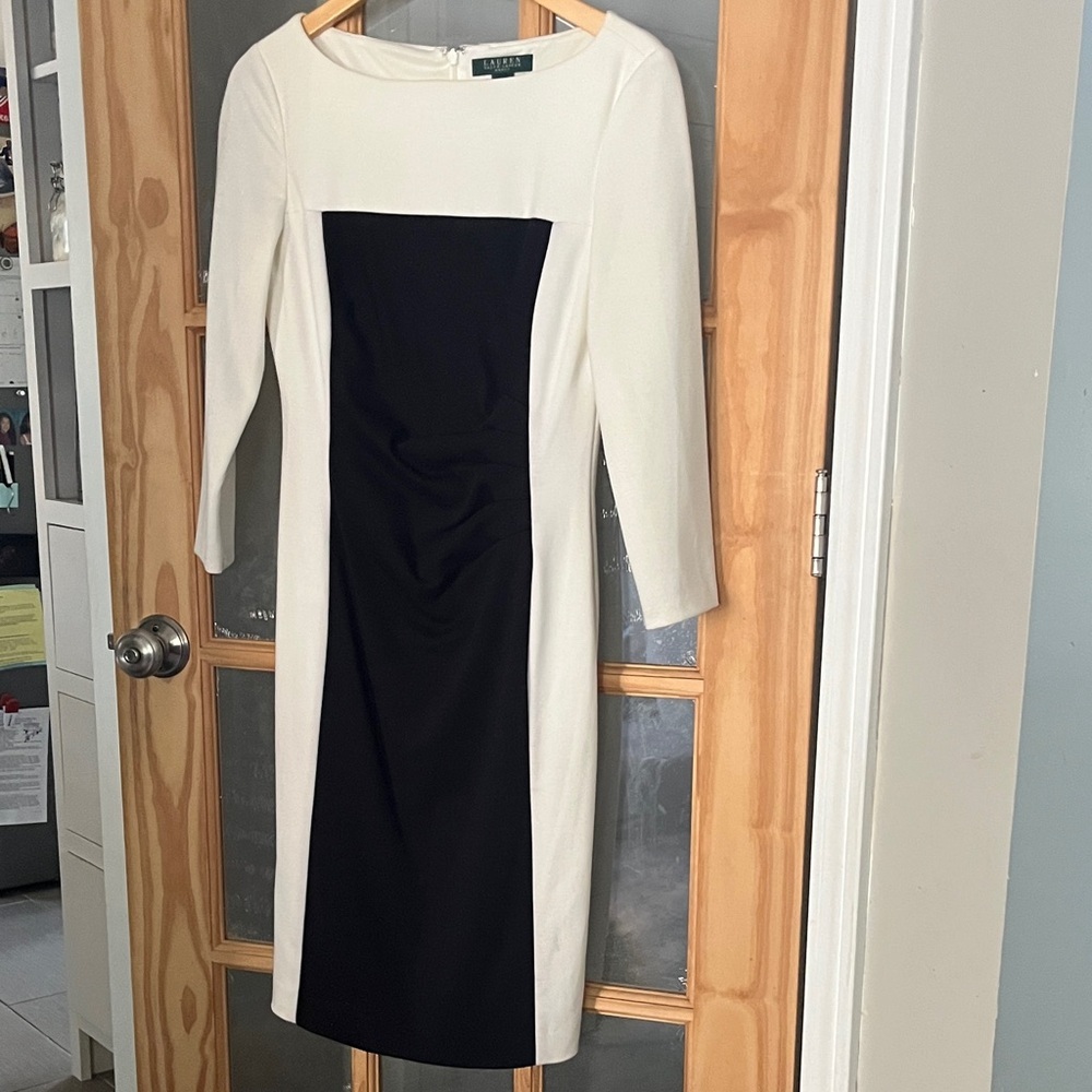 Ralph Lauren Black, Cream Long Sleeve Fitted ruched bodycon mini Dress Sz 6